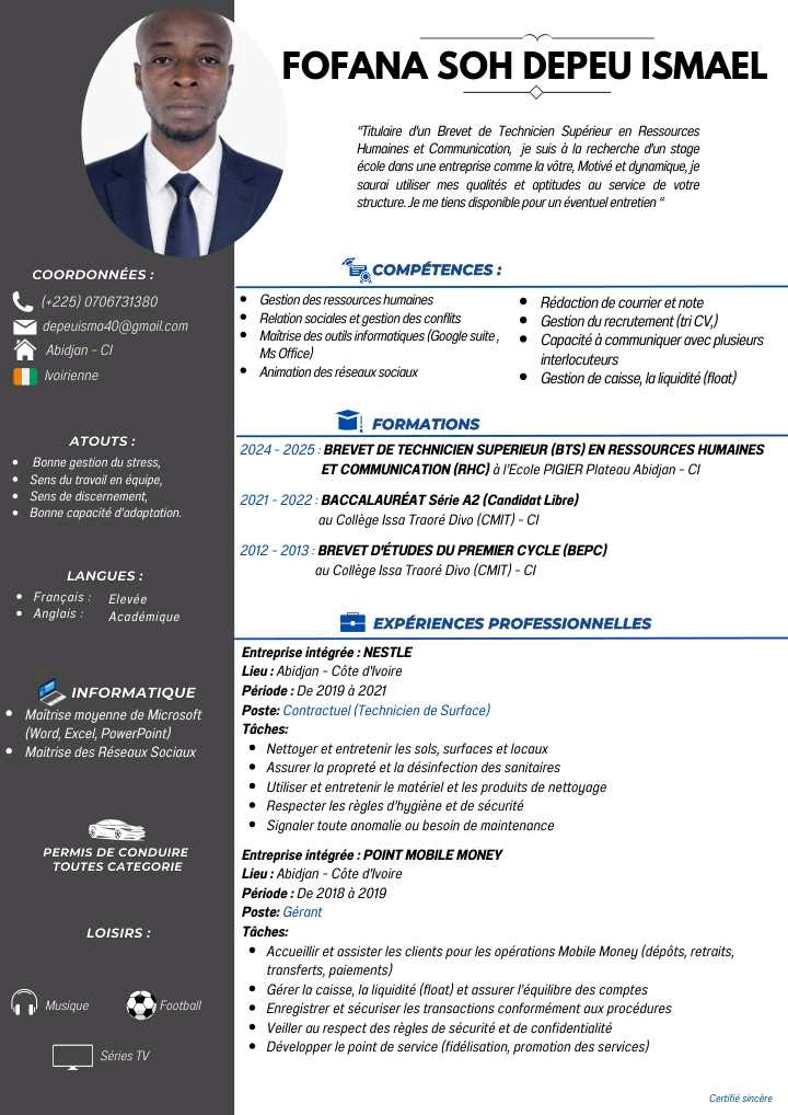 Profil candidat FOFANA SOH DEPEU ISMAËL - Emploi ou stage