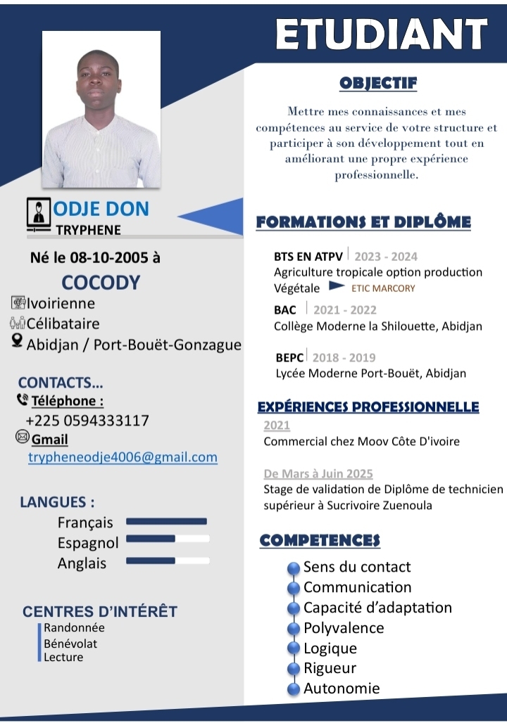 Profil candidat Odjé Don Cobbold tryphene - TECHNICIEN AGRONOME