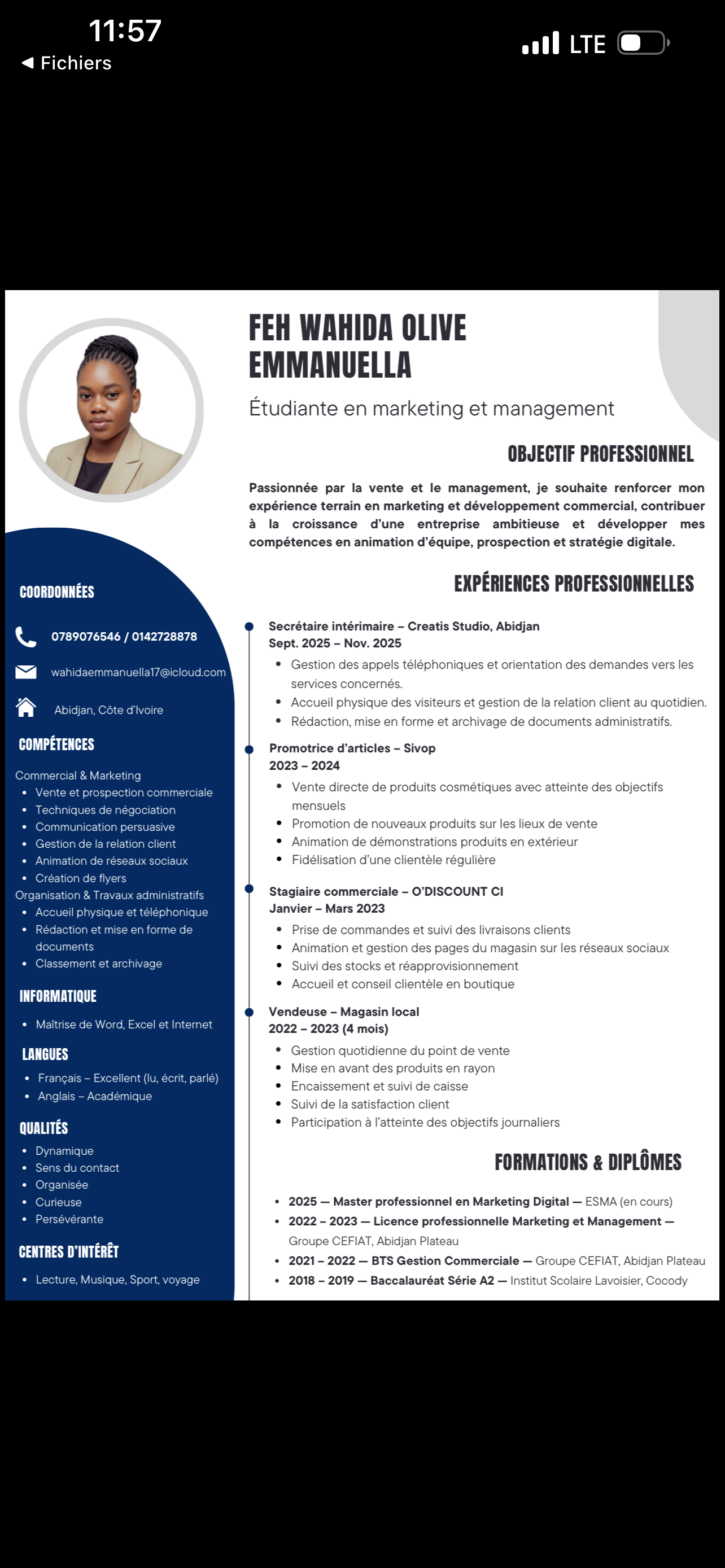 Profil candidat Féh Wahida Olive Emmanuella - Stage
