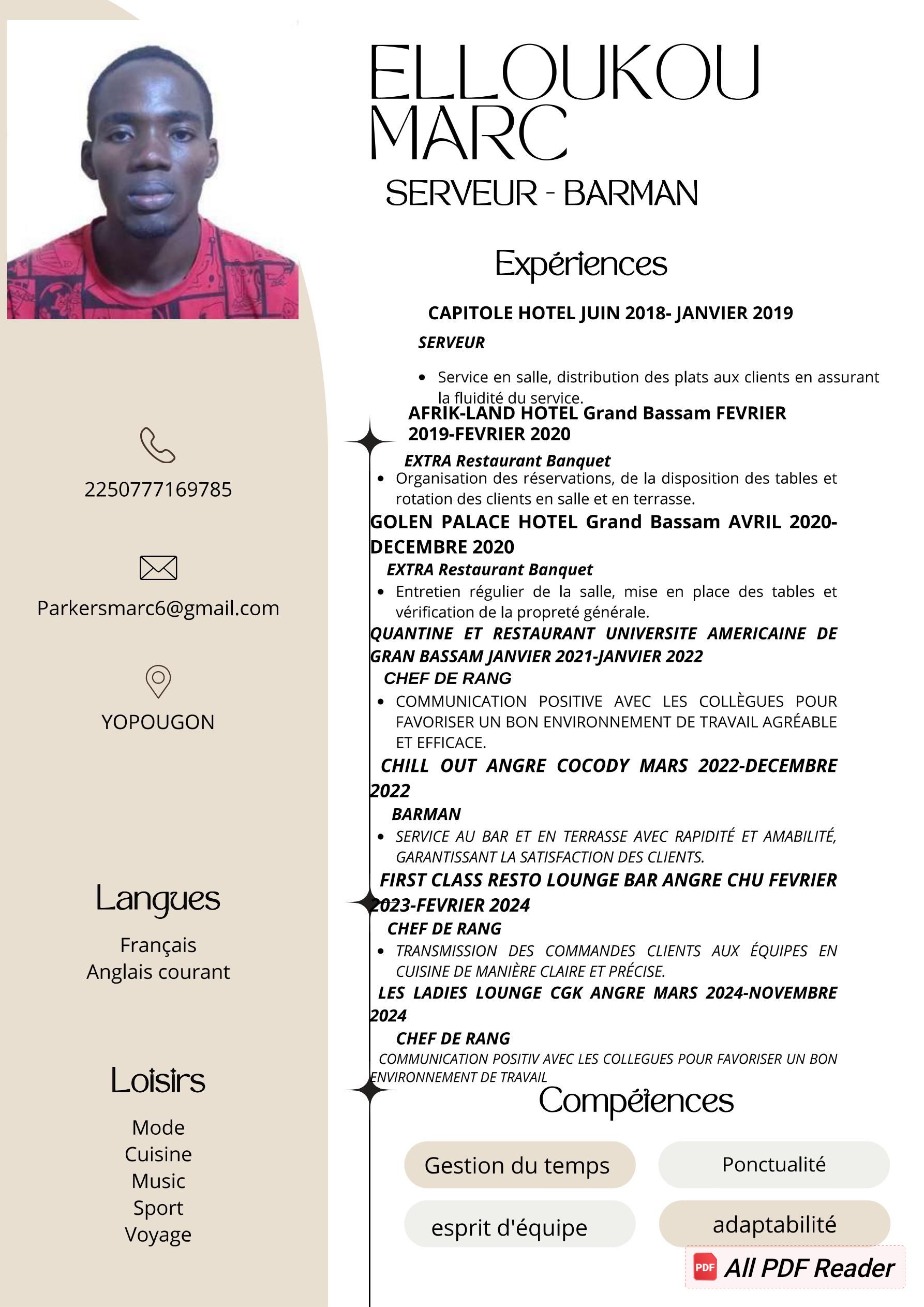 Profil candidat Elloukou Kouadio N'gaty Marc xavier - Serveur/ Barman