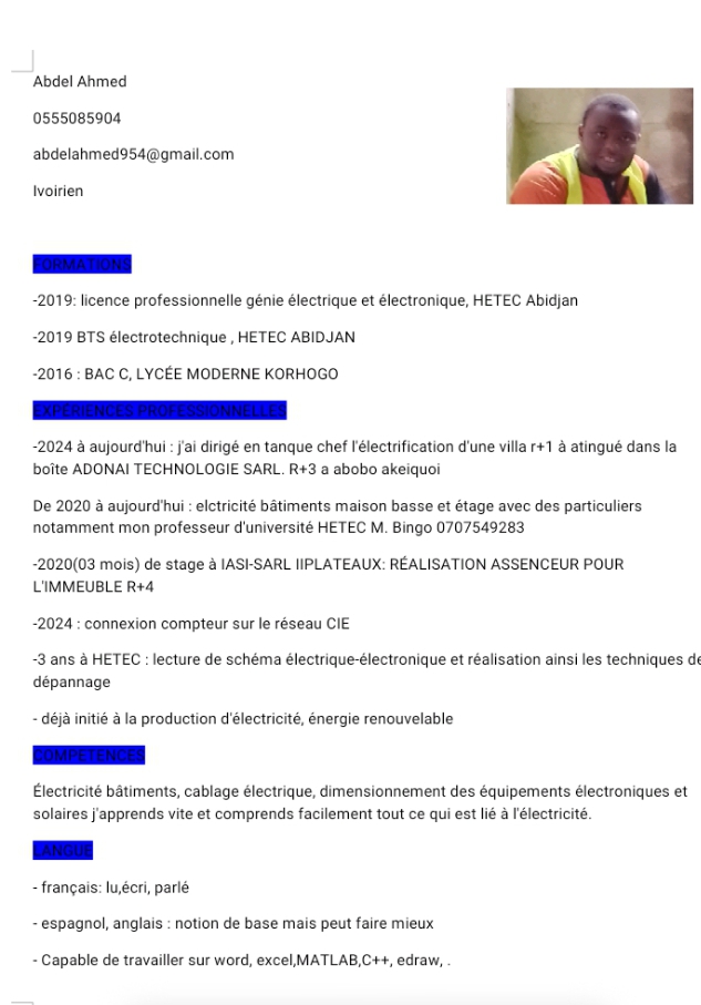 Profil candidat Abdel Ahmed - Électricien, électrotechnicien
