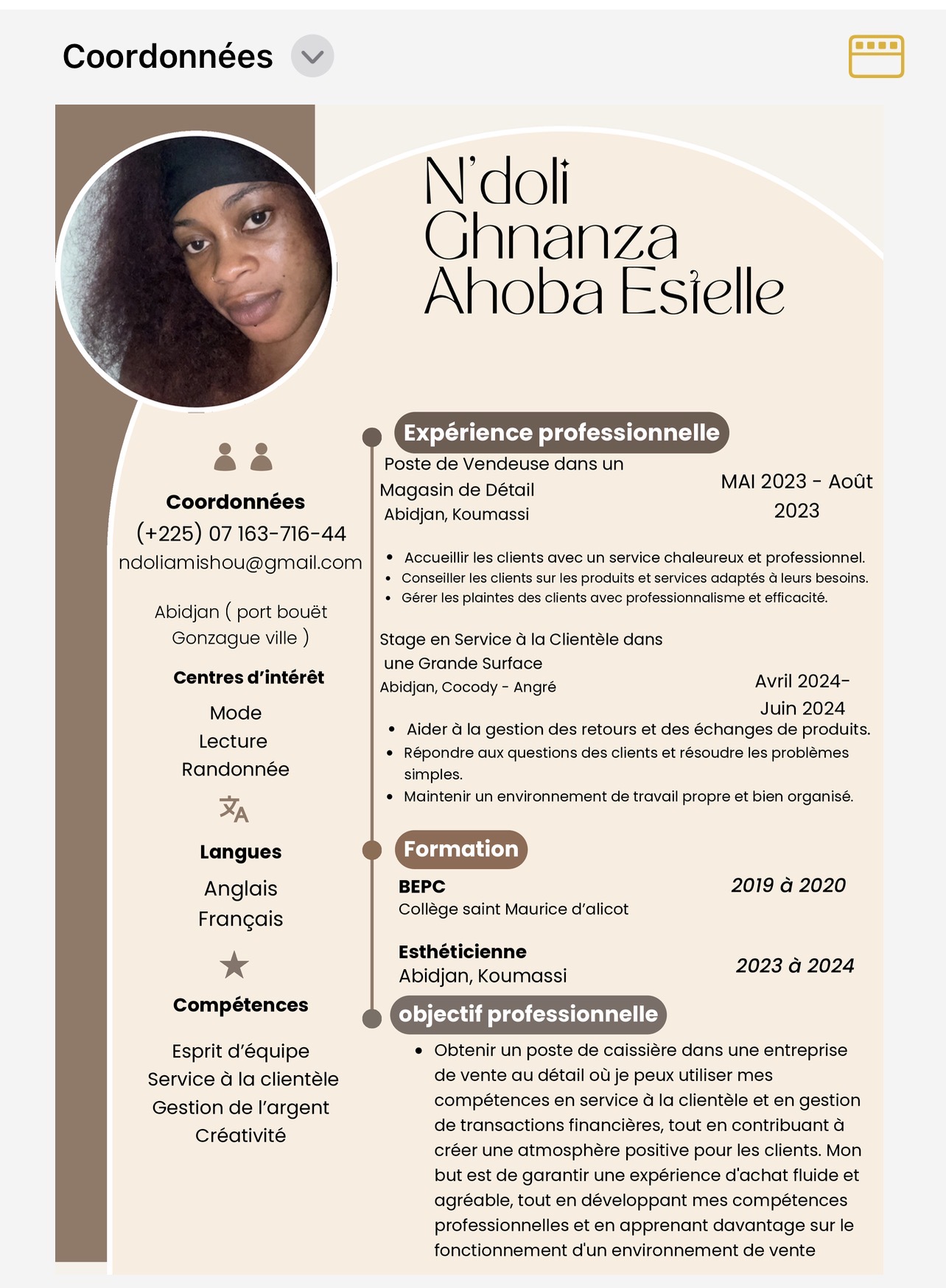 Profil candidat N’doli Gnanza ahoba estelle - Gérante