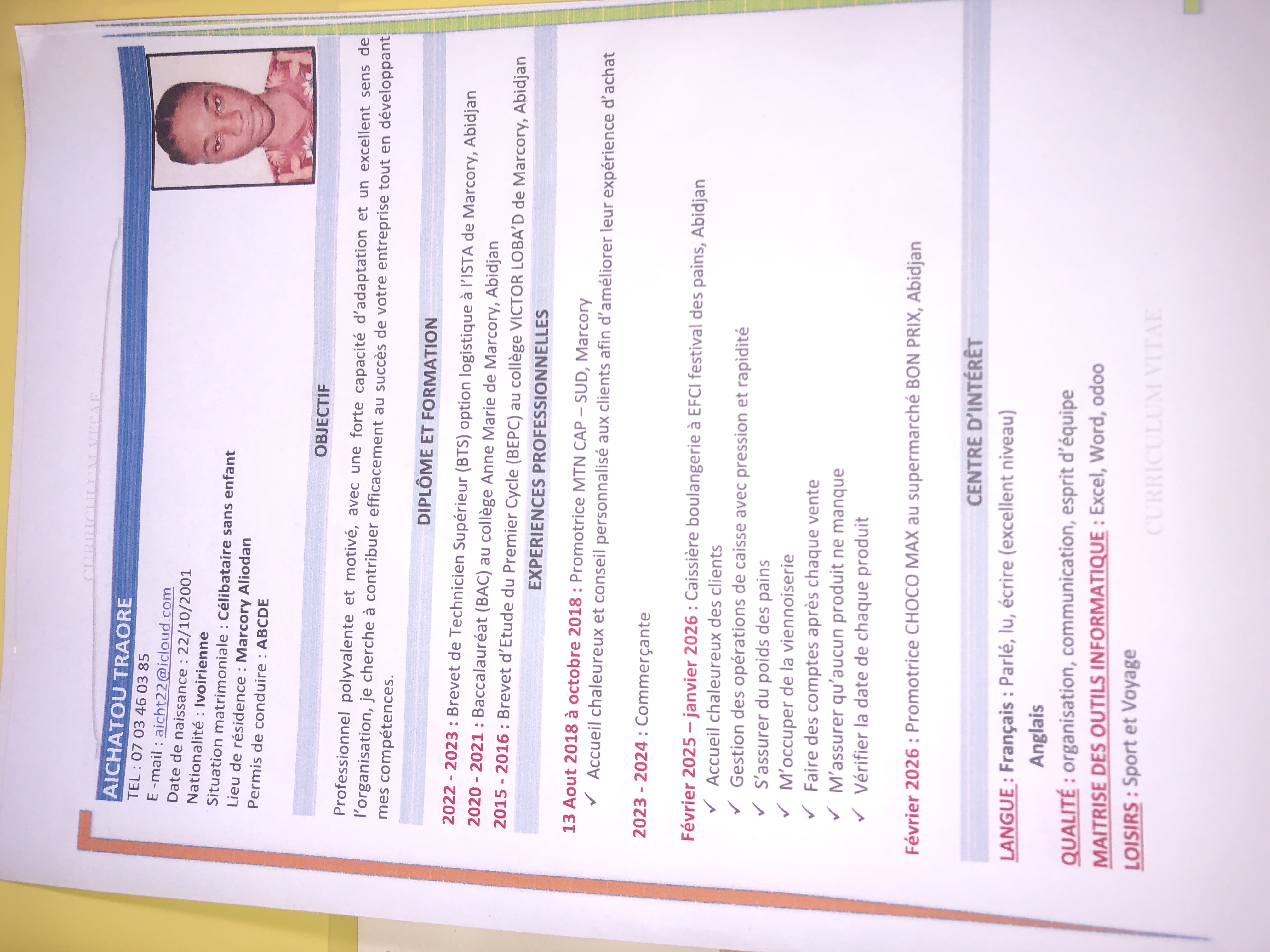 Profil candidat Traore Aïchatou - Logistique